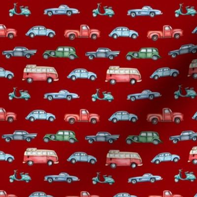 Small Scale Old Vintage Cars on Dark Red