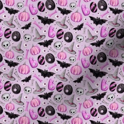 Small Scale Halloween Boo Purple Pumpkins Witch Hats Bats Skulls on Lavender