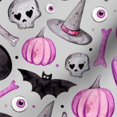 Large Scale Halloween Boo Purple Pumpkins Witch Hats Bats Skulls on Grey