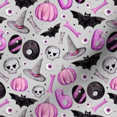 Medium Scale Halloween Boo Purple Pumpkins Witch Hats Bats Skulls on Grey