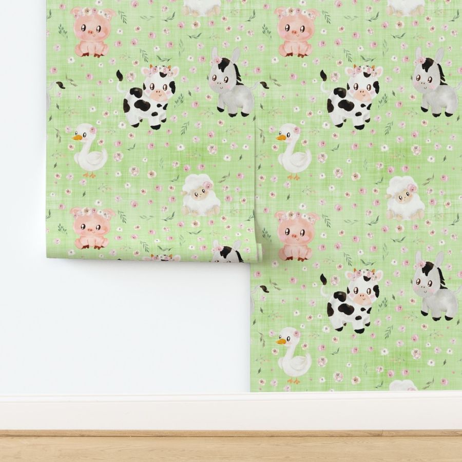 blush farm animals green linen