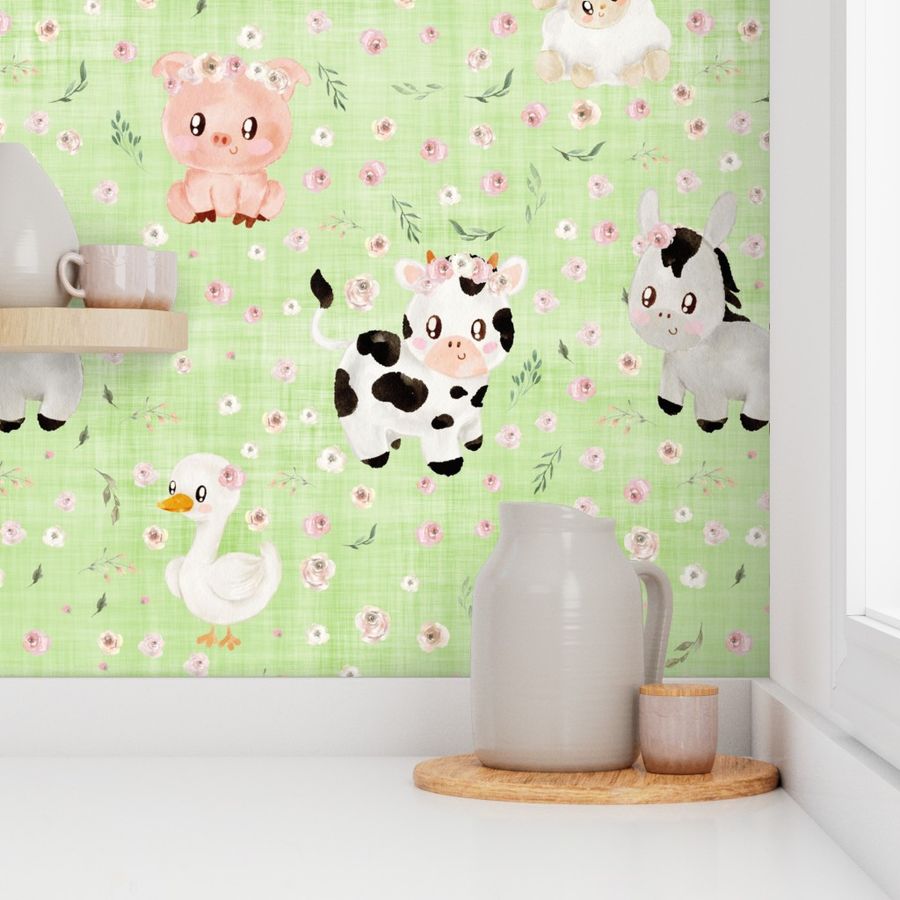 blush farm animals green linen