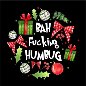 18x18 Panel Bah Fucking Humbug Sarcastic Sweary Christmas on Black for DIY Throw Pillow Cushion Cover or Tote Bag