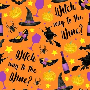 Large Scale Witch Way to the Wine Halloween Humor on Orange