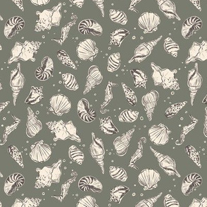 Seashells & seahorses - mini micro - olive green 