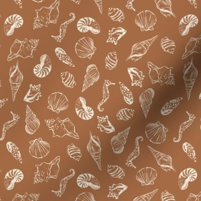 Seashells Seahorses - mini micro baby print - tan earth tones