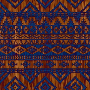 Cattle Brands - Aztec Blanket on Wood Grain - Brown Blue