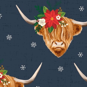 Christmas Highland Cow with Christmas Flowers Dark Blue - extra large scale