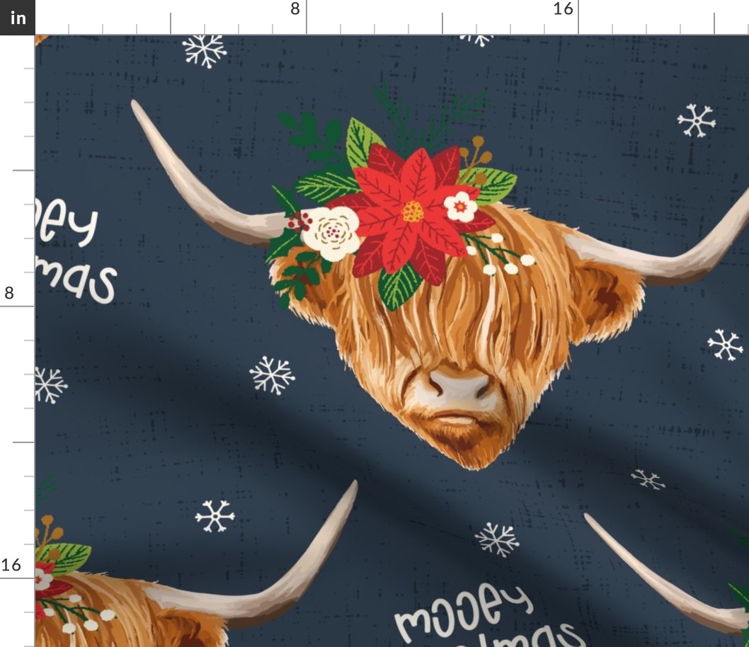 Mooey Christmas Highland Cow Flowers Dark Blue - extra large scale