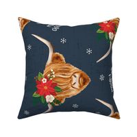 Mooey Christmas Highland Cow Flowers Dark Blue Rotated - large scale