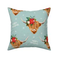 Mooey Christmas Highland Cow Flowers Blue - large scale