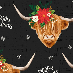 Mooey Christmas Highland Cow Flowers Dark Grey - extra large scale