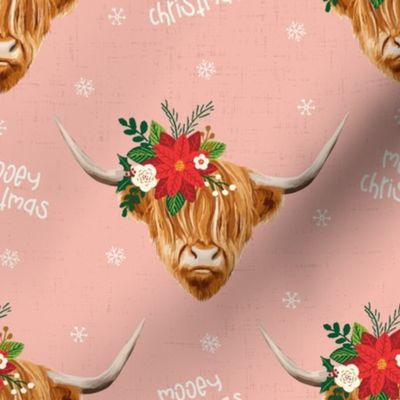 Mooey Christmas Highland Cow Flowers Pink - medium scale