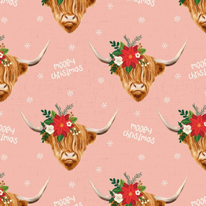 Mooey Christmas Highland Cow Flowers Pink - large scale