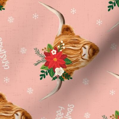 Mooey Christmas Highland Cow Flowers Pink Rotated - medium scale