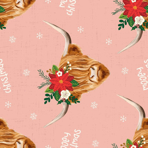 Mooey Christmas Highland Cow Flowers Pink Rotated - large scale