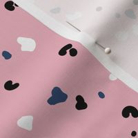 Terrazzo and leopard wild spots minimalist abstract boho design nursery marble texture in eclectic blue black and white on pink