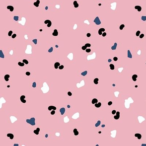 Terrazzo and leopard wild spots minimalist abstract boho design nursery marble texture in eclectic blue black and white on pink