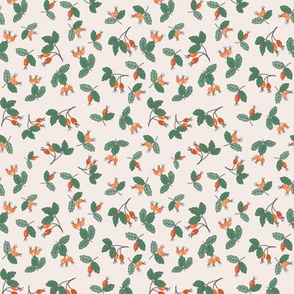 317 - Small scale Rosa Mosqueta Rosehips in Orange and Green - for kids apparel, Sunday best dresses, home decor, non directional berries and leaves.