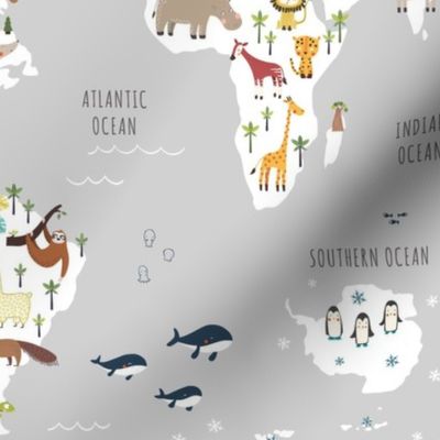 grey world map with animals