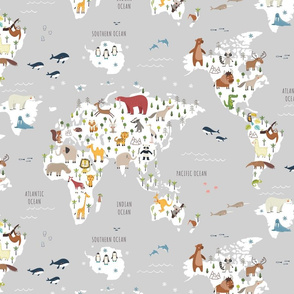 grey world map with animals
