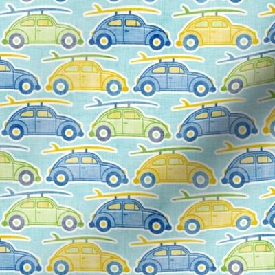 Vintage Car with Surfboard Small- Beetle-  Sea, Sun and Surf Coordinate- Beach Life- Surfing Life- Surfboard- Vintage Cars- Summer- Boys- Yellow- Green- Blue- Novelty