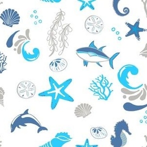 Ocean, Coastal, beach, fish, seahorse, shells, starfish, sea star, dolphin, coral, seahorse, boys, baby, nautical, coastal, "Sea Life", "JG Anchor Designs", "small print"