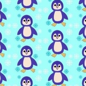 Cute kawaii Penguins on blue with snowf