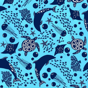 Ocean Creatures Pattern - Blue Large