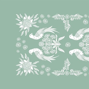 Wall hanging Belgian Linen, Australian parrot damask design