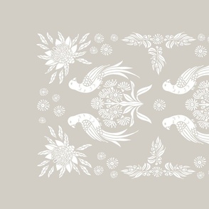 Wallhanging Australian theme damask with parrot, white on mushroom grey