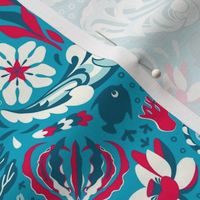 Paisley blue and white splashes with red aquatic fancy plants, medium scale