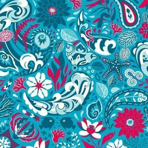 Paisley blue and white splashes with red aquatic fancy plants, medium scale