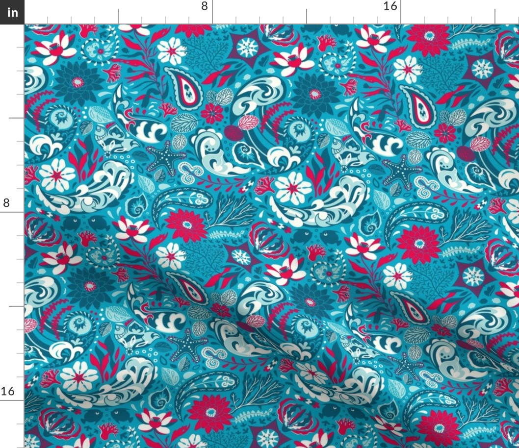 Paisley blue and white splashes with red aquatic fancy plants, medium scale