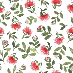 Jumbo scale Christmas watercolour featuring red and green pohutukawa flowers for bed linen