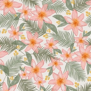large tropical floral in pink and yellow with green palm leaves on a white bases for fun wallpaper and large projects