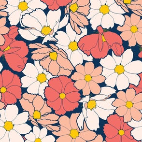 oversized retro floral in pink, peach and navy blue for fun, girly wallpaper and bed linen
