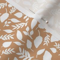 Fall leaves in white on caramel brown for girls bows, dresses and accessories. 