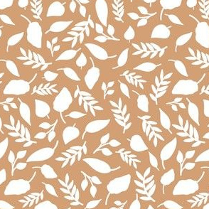 Fall leaves in white on caramel brown for girls bows, dresses and accessories. 