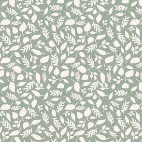 Tiny fall leaves in white on sage green for, baby boy, doll house, girls bows, dresses and accessories. 