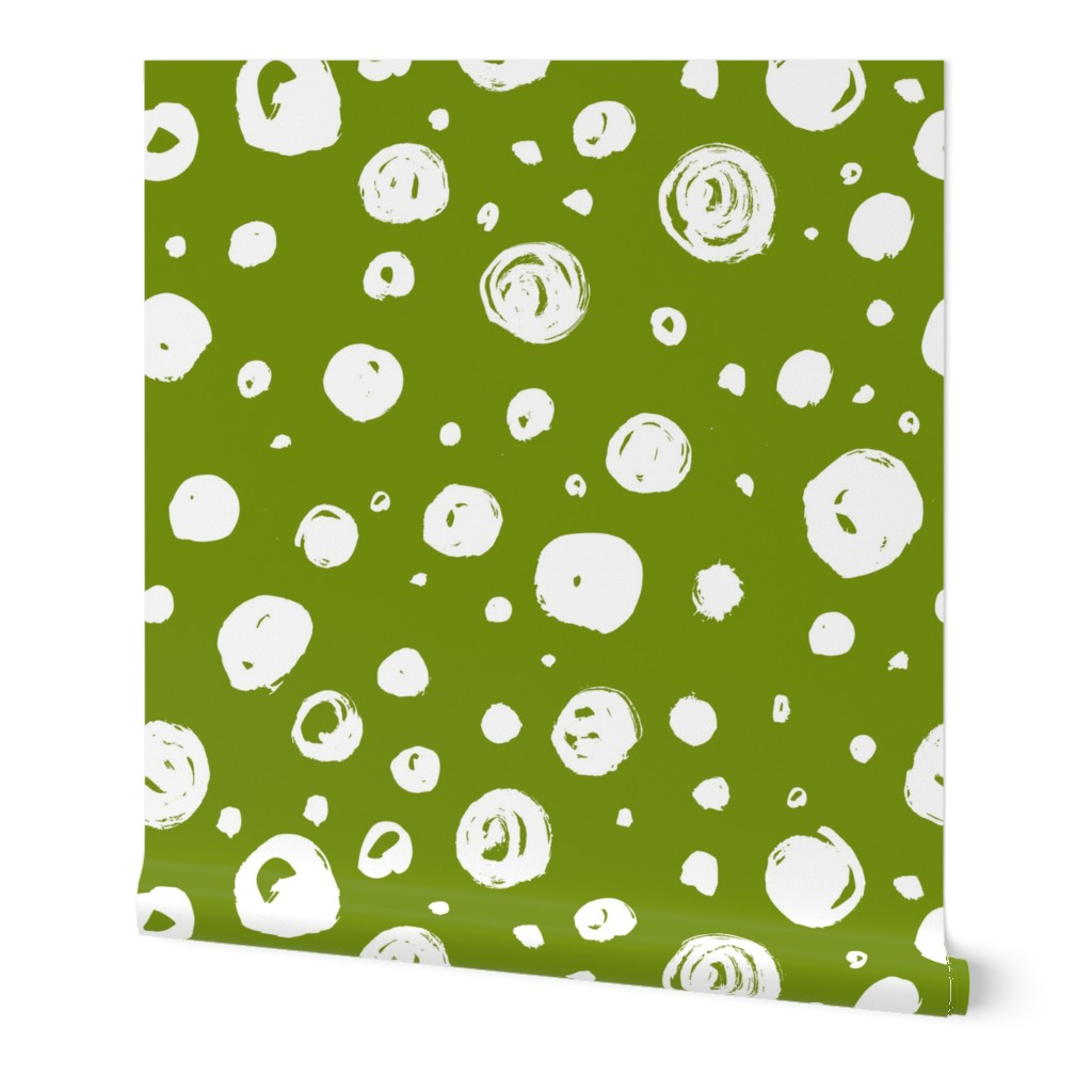 Paint Drops Polka Dots // White on Apple Green