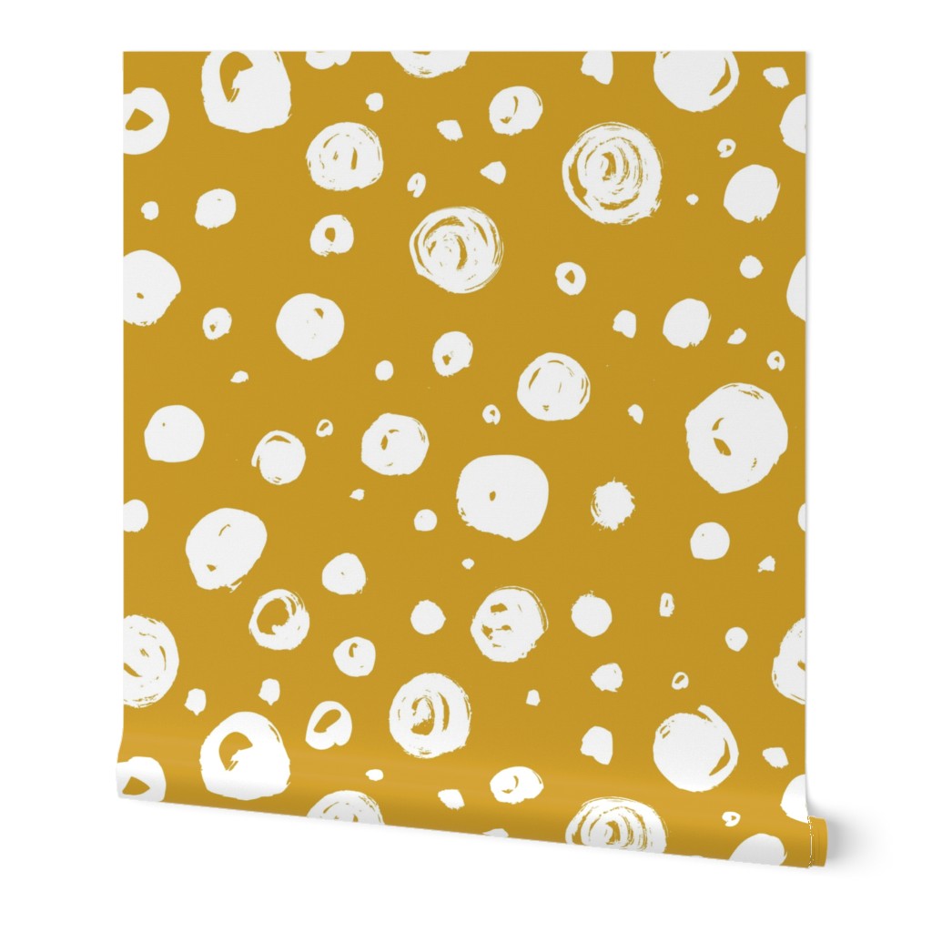 Paint Drops Polka Dots // White on Mustard