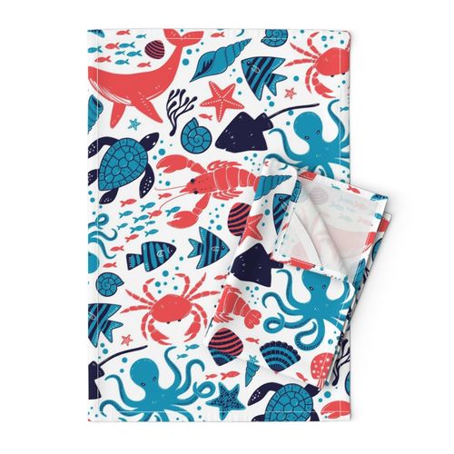 (L) Sea life creatures in red blue and navy