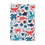 (L) Sea life creatures in red blue and navy