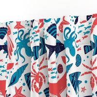 (L) Sea life creatures in red blue and navy