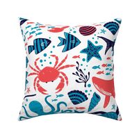 Large // Sea life creatures in red, blue and navy