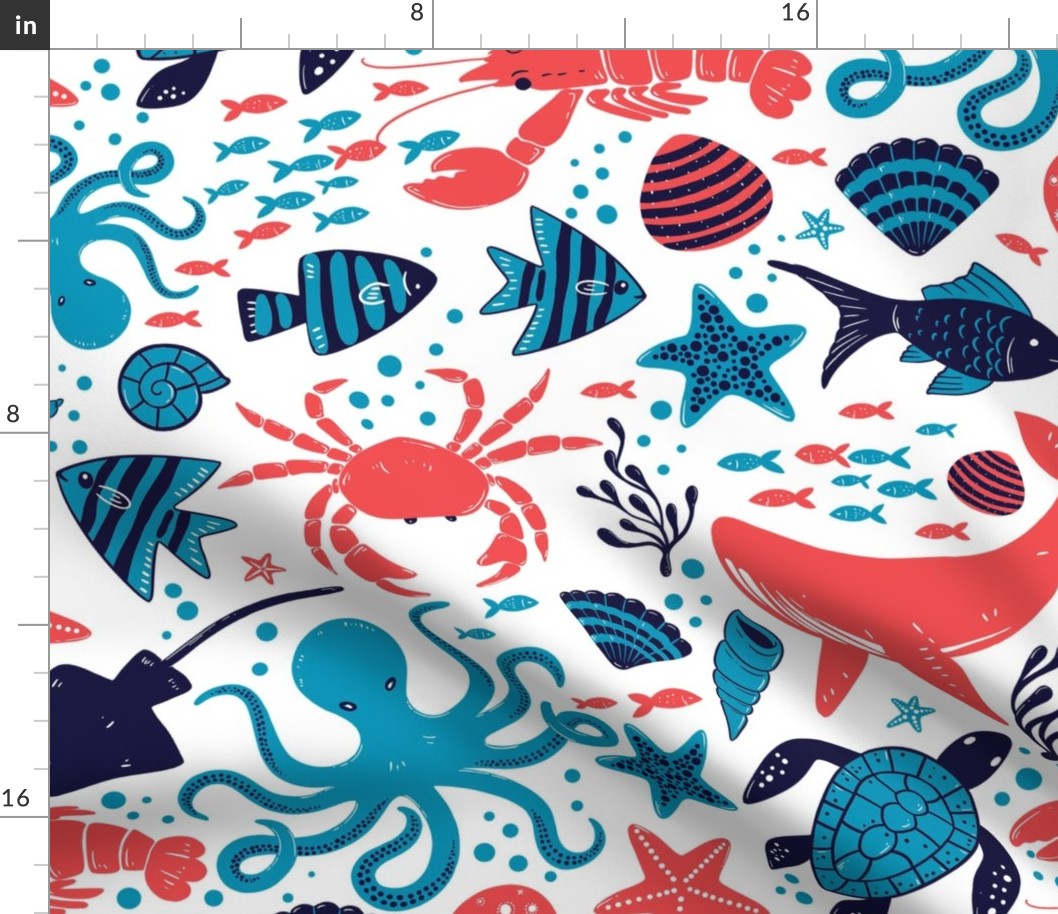 Large // Sea life creatures in red, blue and navy