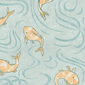 Koi River | River fish in gold and palladian blue, water fabric, goldfish, Japanese print, blue green, river fabric, beach wear, zen bathroom decor, water garden.