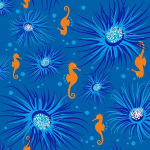 anemone and seahorses_blue background