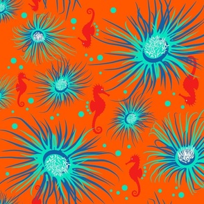anemone and seahorses_orange background